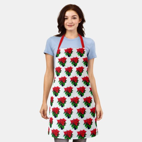 Green  Red Poinsettia Pot Plant Pattern on White Apron