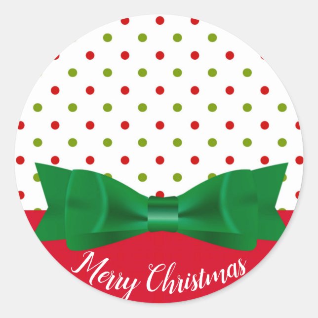 Green & Red Polka Dot Bow Tie Merry Christmas Classic Round Sticker (Front)