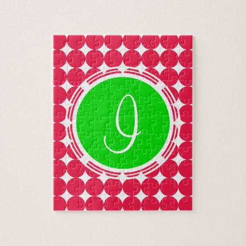 Green  Red Polka Dot Monogram Jigsaw Puzzle