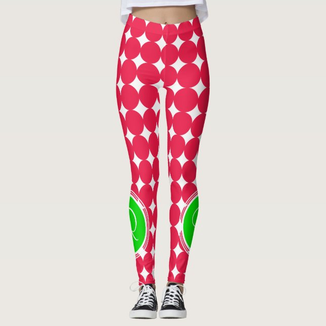 Green & Red Polka Dot Monogram Leggings (Front)