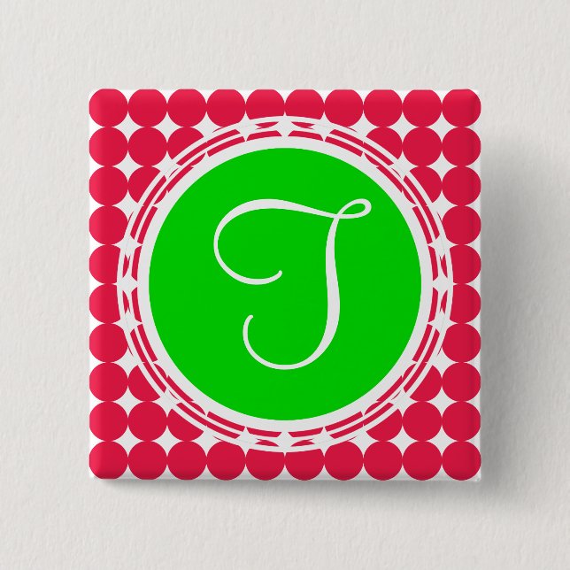 Green & Red Polka Dot Monogram Pinback Button (Front)