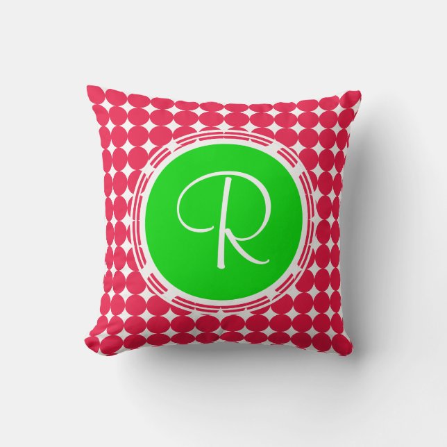 Green & Red Polka Dot Monogram Throw Pillow (Front)