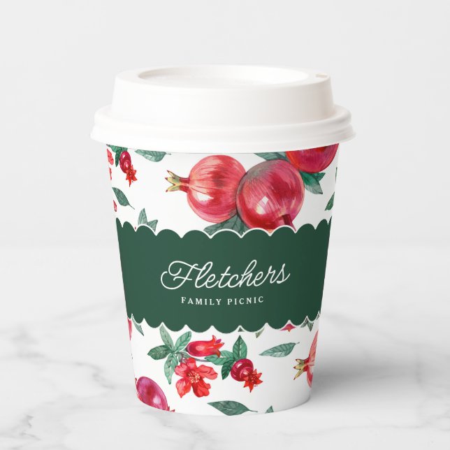Green & Red Pomegranate Botanical Customizable Paper Cups (Front)