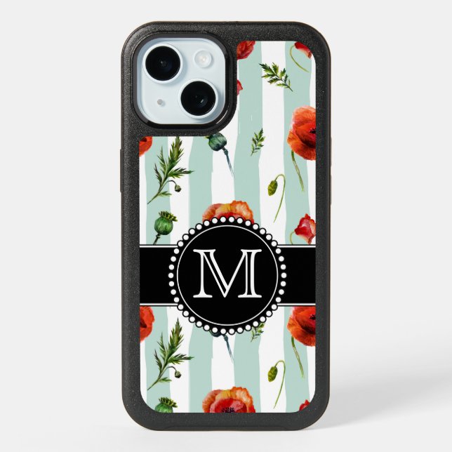 Green, Red Poppies, Flowers, Monogrammed iPhone 15 Case (Back)