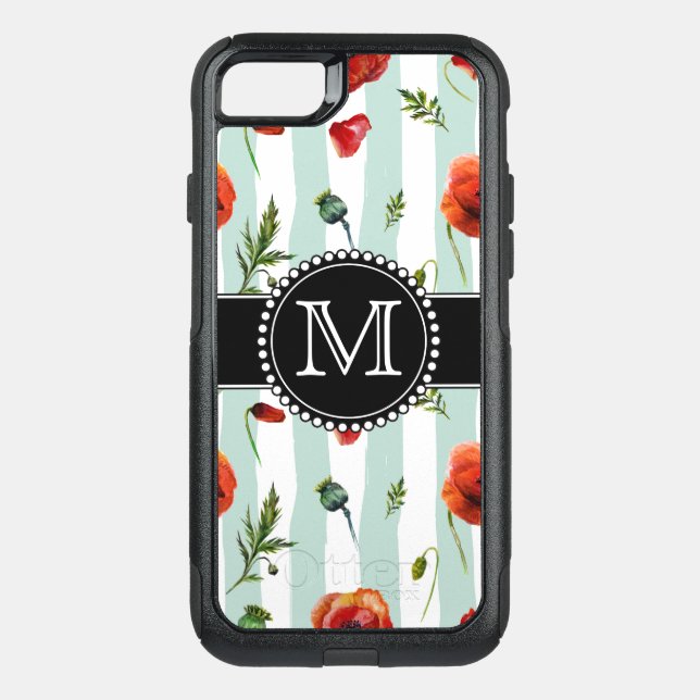 Green, Red Poppies, Flowers, Monogrammed Otterbox iPhone Case (Back)