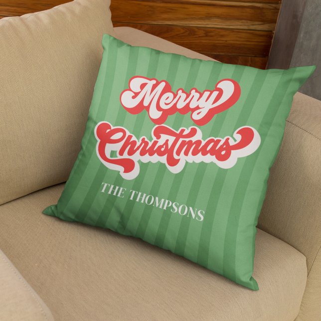 Green Red Retro Merry Christmas Custom Throw Pillow (Merry Christmas red and green retro style typography throw pillow. )