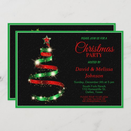 Green  Red Ribbon Christmas Tree Party invitation