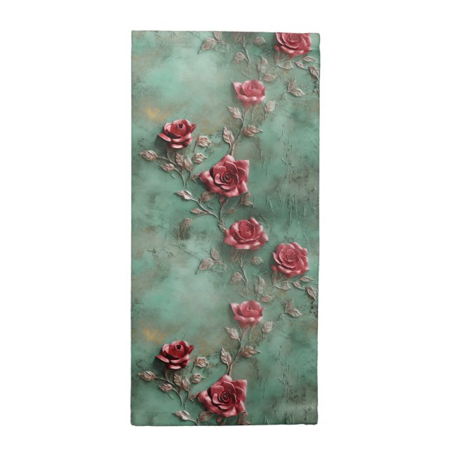 Green Red Roses Floral Cloth Napkin (Half Fold)