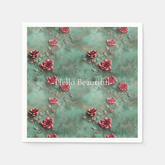 Green Red Roses Floral Napkins (Front)