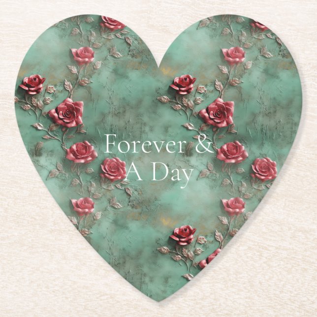 Green Red Roses Floral Paper Coaster (Front)