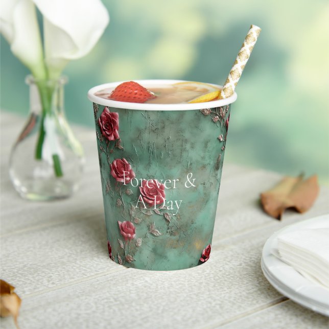 Green Red Roses Floral Paper Cups (Insitu)