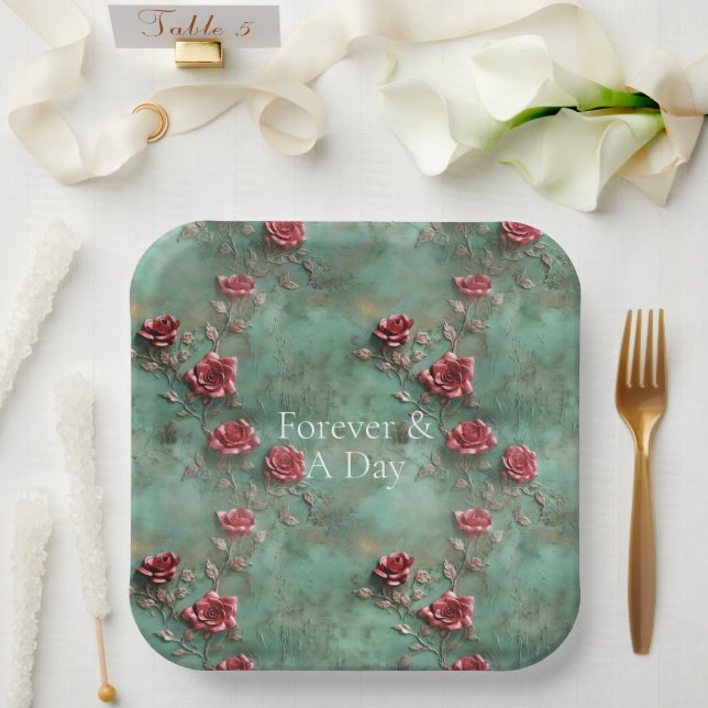 Green Red Roses Floral Paper Plates (Wedding)