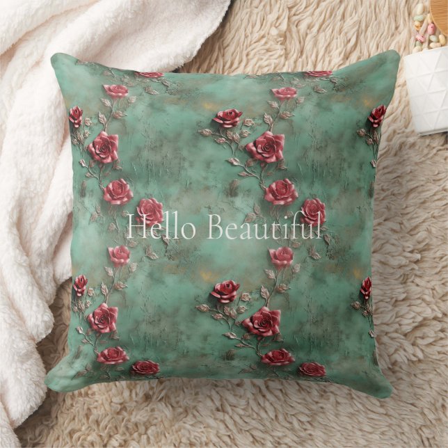 Green Red Roses  Throw Pillow (Blanket)