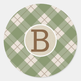 Green Red Rustic Country Plaid Kraft Monogram Classic Round Sticker