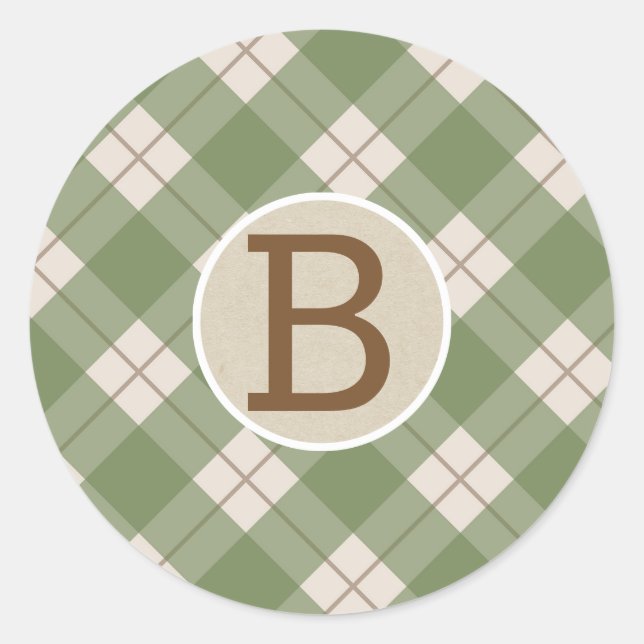 Green Red Rustic Country Plaid Kraft Monogram Classic Round Sticker (Front)