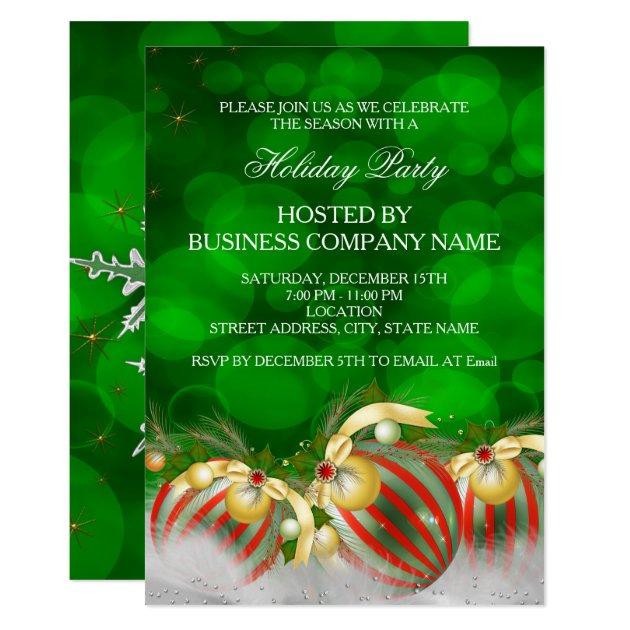 Green Red Silver Gold Holly Baubles Holiday Party Invitation