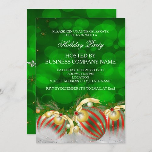 Green Red Silver Gold Holly Baubles Holiday Party Invitation