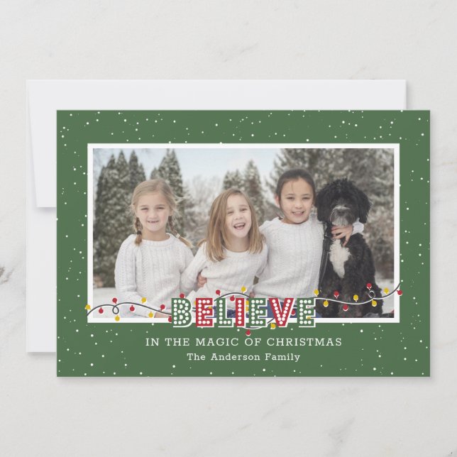 Green Red Snow Believe In the Magic Photo Holiday Card (Front)