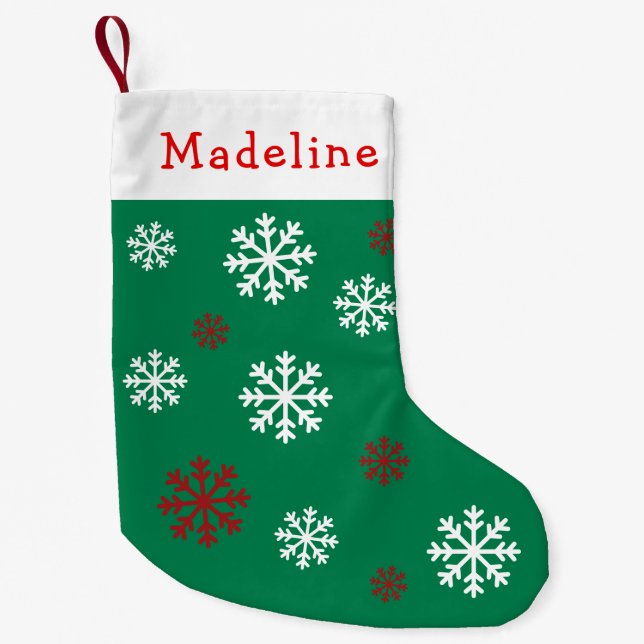 Green Red Snow Flakes Cute Name Small Christmas Stocking (Front)