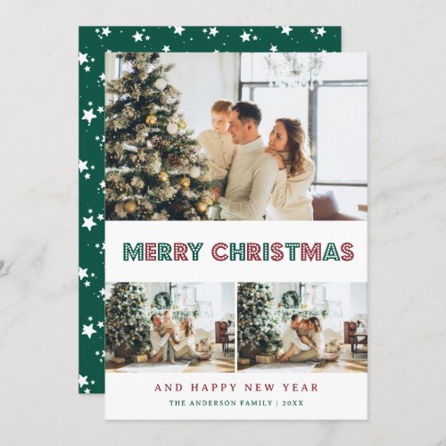 Green Red Snow Stars Modern Photo Collage Holiday Card
