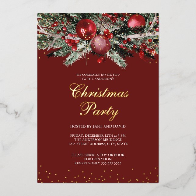 Green Red Sparkle Gold Foliage Christmas Party Foil Invitation (Front)