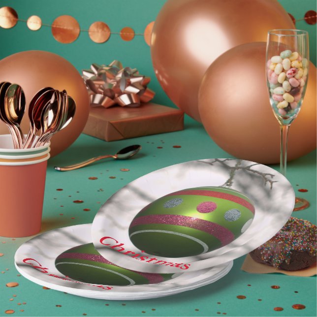 Green Red Striped Ornament Ball Paper Plates (Multi)