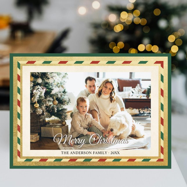 Green Red Stripes Merry Christmas Retro Gold Photo Holiday Card (Creator Uploaded)