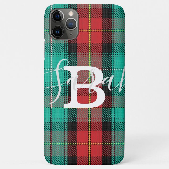 Green & Red Tartan Checkered Monogram Name Case-Mate iPhone Case (Back)