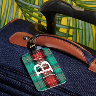 Green & Red Tartan Checkered Monogram Name Luggage Tag