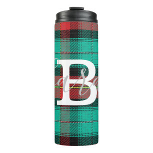 Green & Red Tartan Checkered Monogram Name Thermal Tumbler