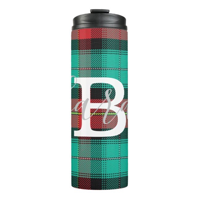 Green & Red Tartan Checkered Monogram Name Thermal Tumbler (Front)