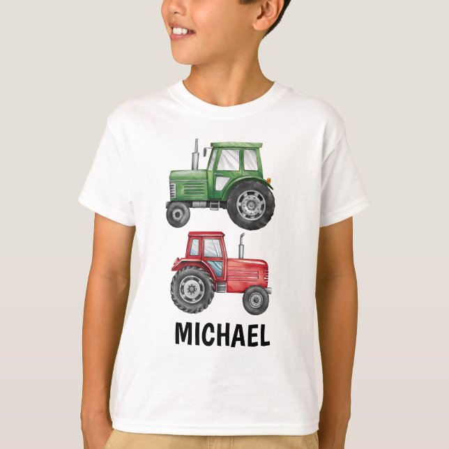 Green Red Tractor Farm Watercolor Personalized     T-Shirt (Front)