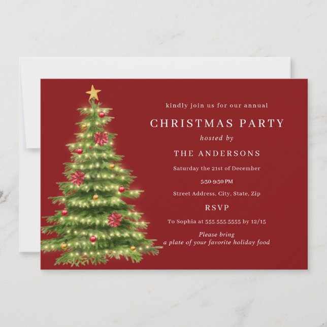 Green Red Traditional Tree Lights Christmas Party Invitation (Front)
