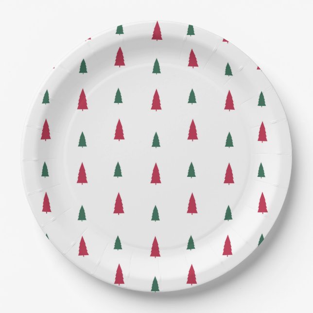 Green & Red Trees Simple Modern Christmas  Paper Plates (Front)