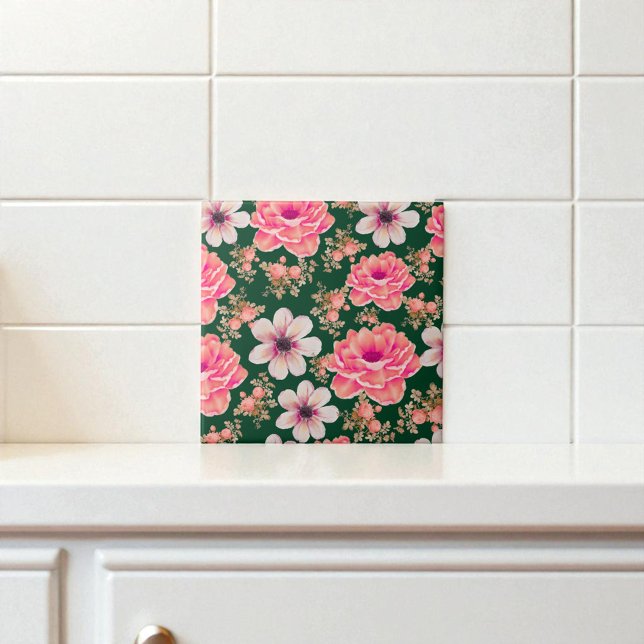 Green Red Watercolor Floral Ceramic Tile (Creator Uploaded)
