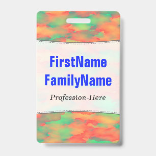 Green, Red Watercolor-Like Abstract Pattern; Name Badge