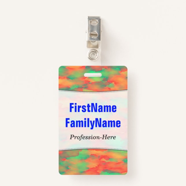 Green, Red Watercolor-Like Abstract Pattern; Name Badge (Front with Clip)