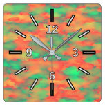 [ Thumbnail: Green, Red Watercolor-Like Abstract Pattern Square Wall Clock ]