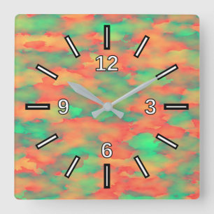 Green, Red Watercolor-Like Abstract Pattern Square Wall Clock