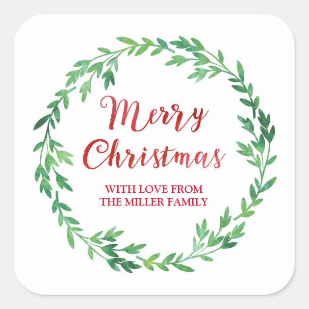 Green Red Watercolor Wreath Merry Christmas Square Sticker