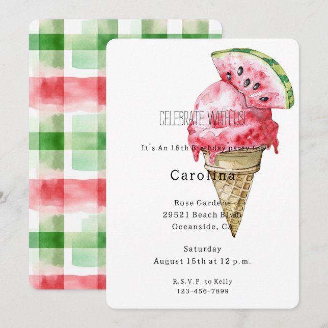 Green Red Watermelon Ice Cream Cone Birthday   Invitation (Front/Back)