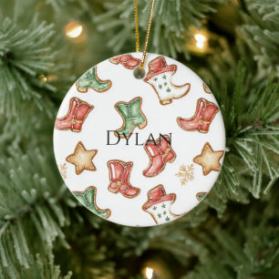 Green Red Western Cowboy Boots Christmas Ceramic Ornament