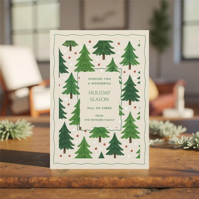 Green Red Whimsical Pine Trees Holiday Card (Creator Uploaded)