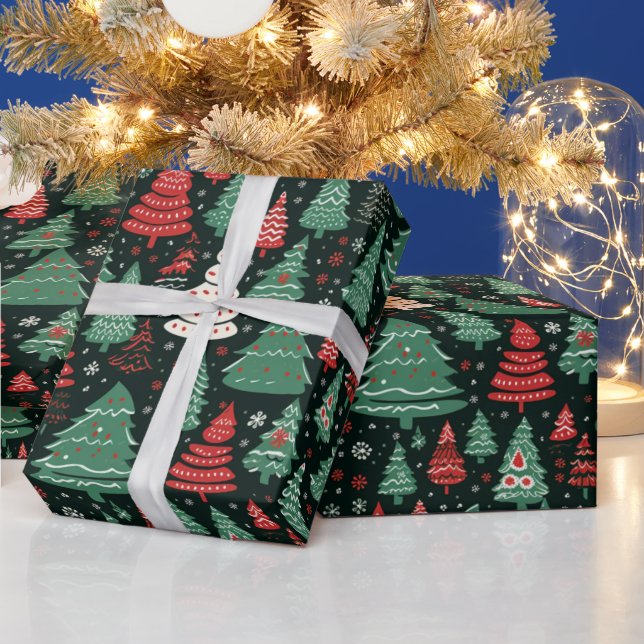 Green Red White Christmas Trees Black Christmas Wrapping Paper (Holidays)