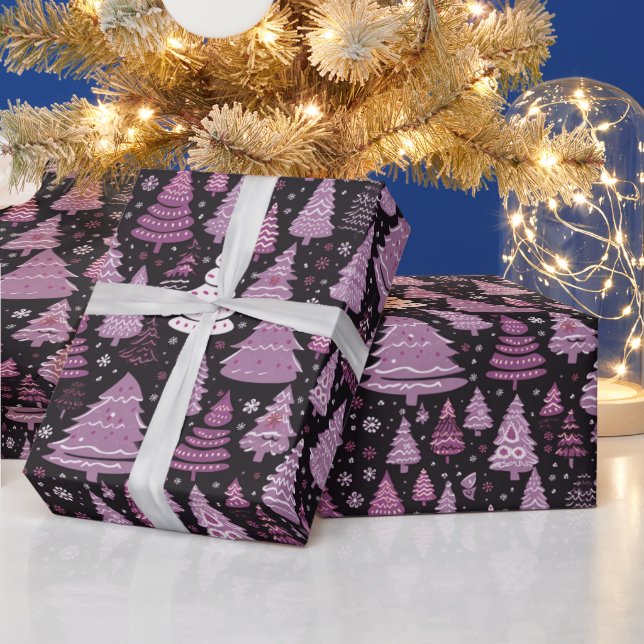 Green Red White Christmas Trees Black Christmas Wrapping Paper (Holidays)