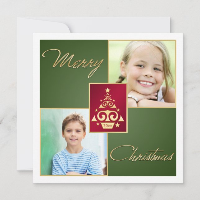 Green, Red, White, Gold Tree Christmas Card (Front)
