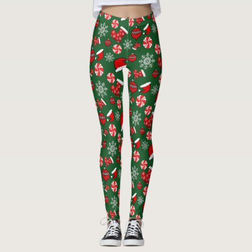 Green Red White Merry Christmas Leggings 