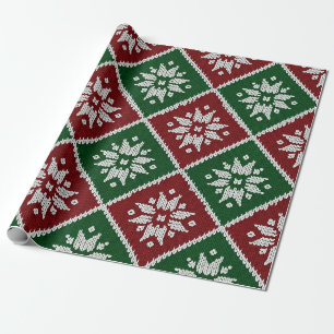 Green Red White Nordic Christmas Snowflake Pattern Wrapping Paper