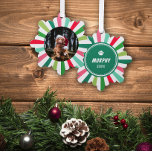 Green Red White Starburst Stripes Dog Christmas Ornament Card<br><div class="desc">Pet ornament for Christmas with your dog's photo inside a starburst stripe frame in white,  pink,  and different shades of green. Add name and the year to the back beneath a paw print.</div>