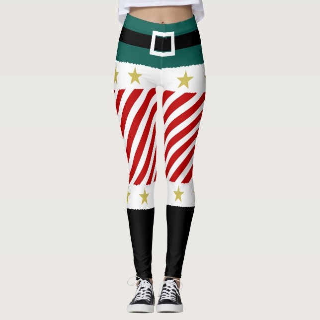 Green Red White Stripes Candy Cane Elf Christmas Leggings (Front)
